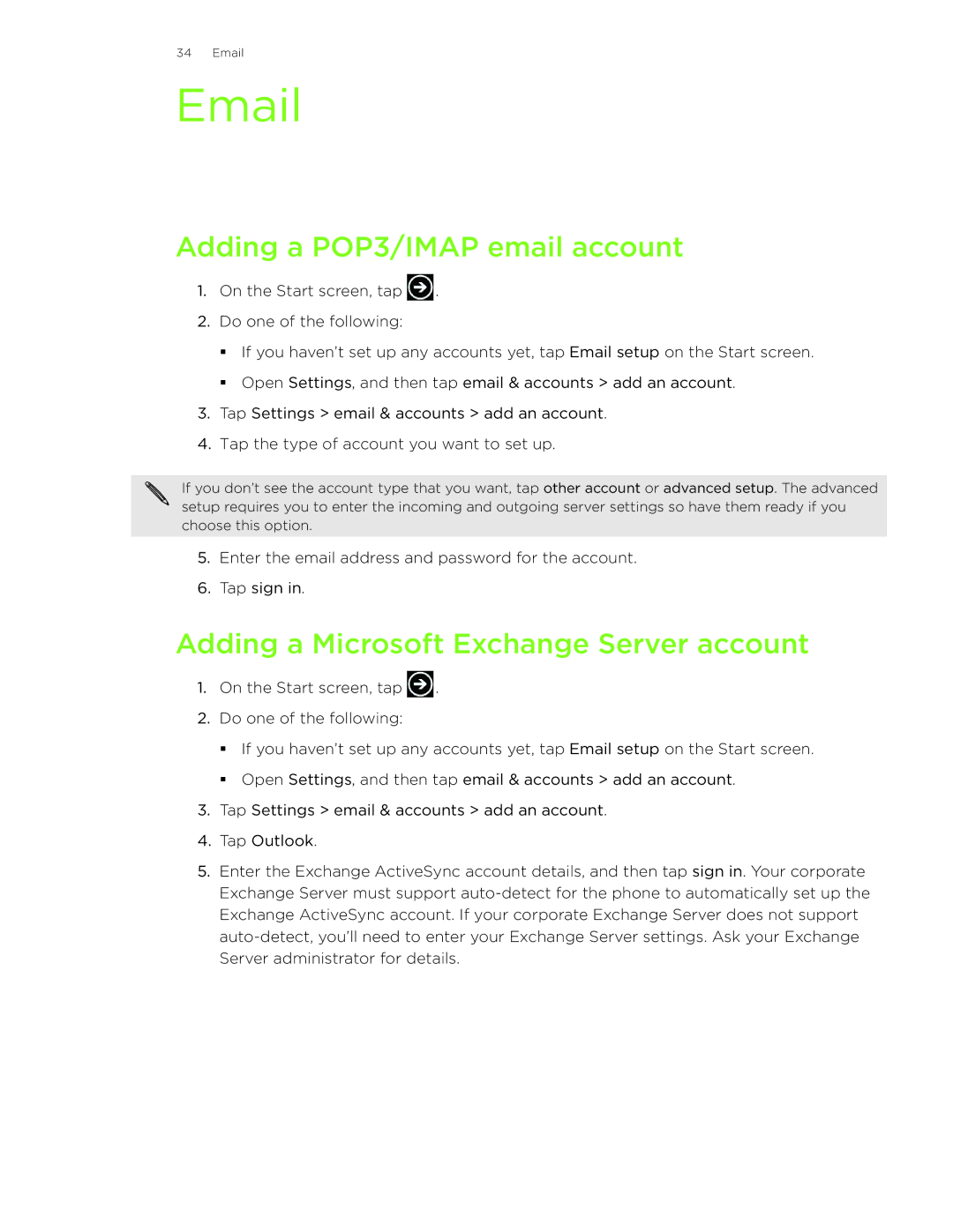 HTC HD7S manual Adding a POP3/IMAP email account, Adding a Microsoft Exchange Server account 