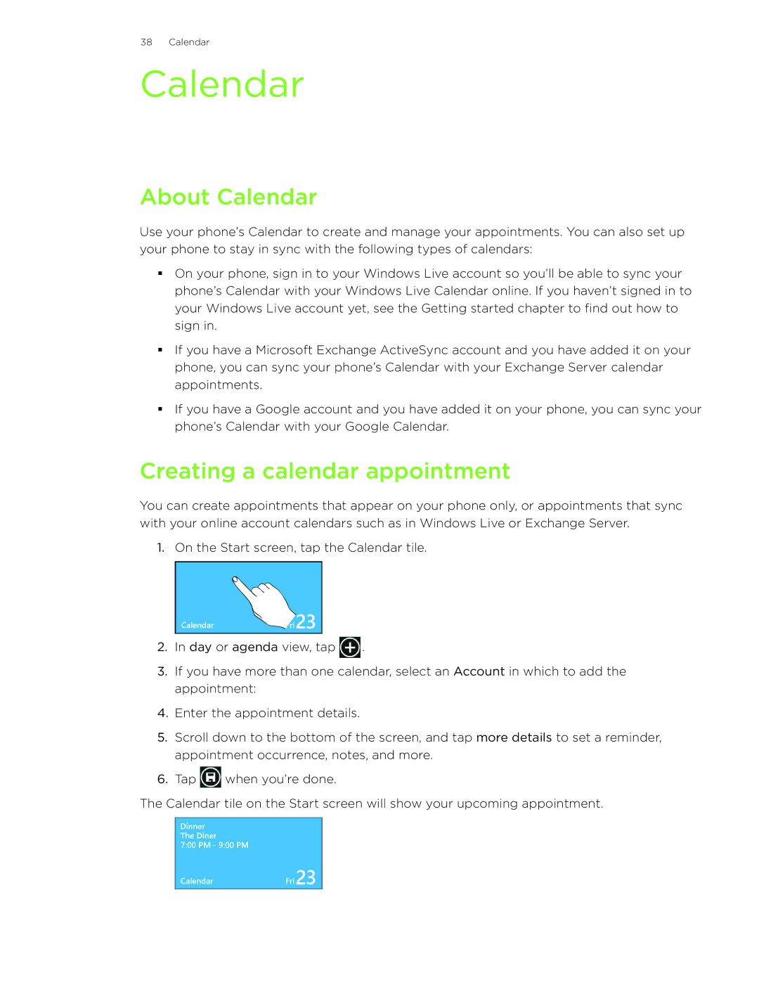 HTC HD7S manual About Calendar, Creating a calendar appointment 