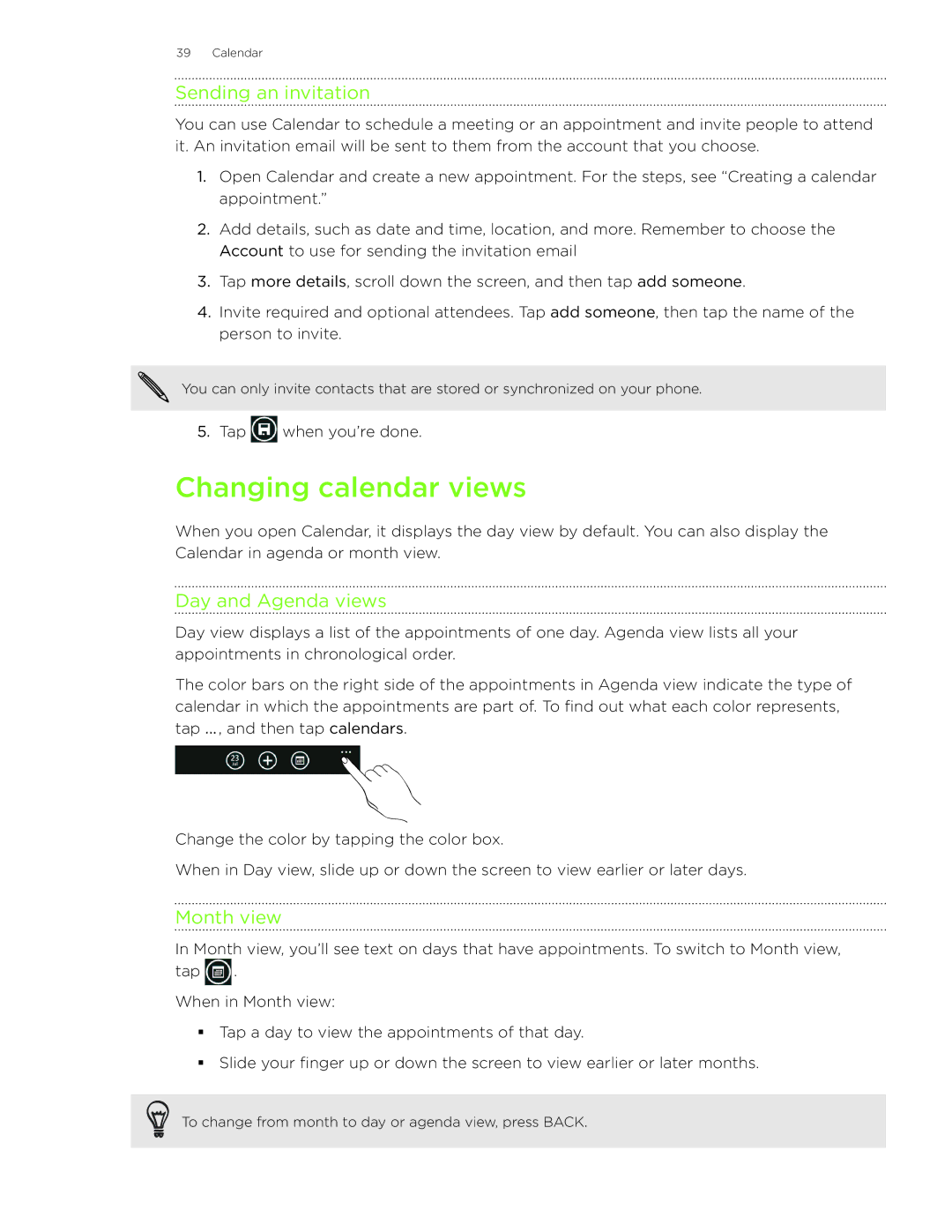 HTC HD7S manual Changing calendar views, Sending an invitation, Day and Agenda views, Month view 