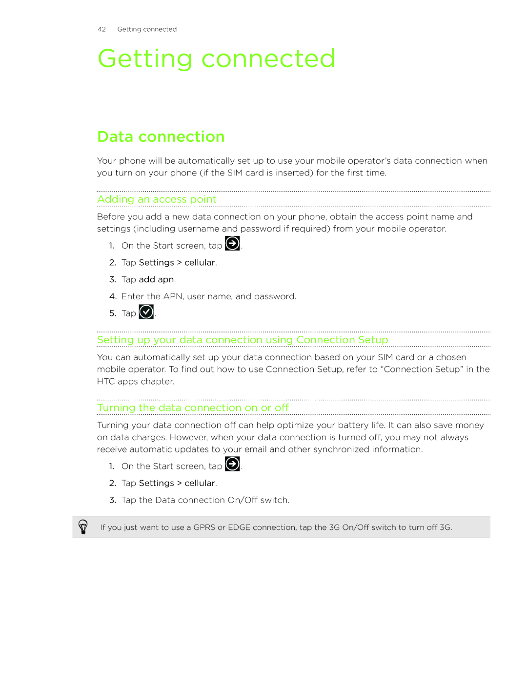 HTC HD7S manual Getting connected, Data connection, Adding an access point, Turning the data connection on or off 