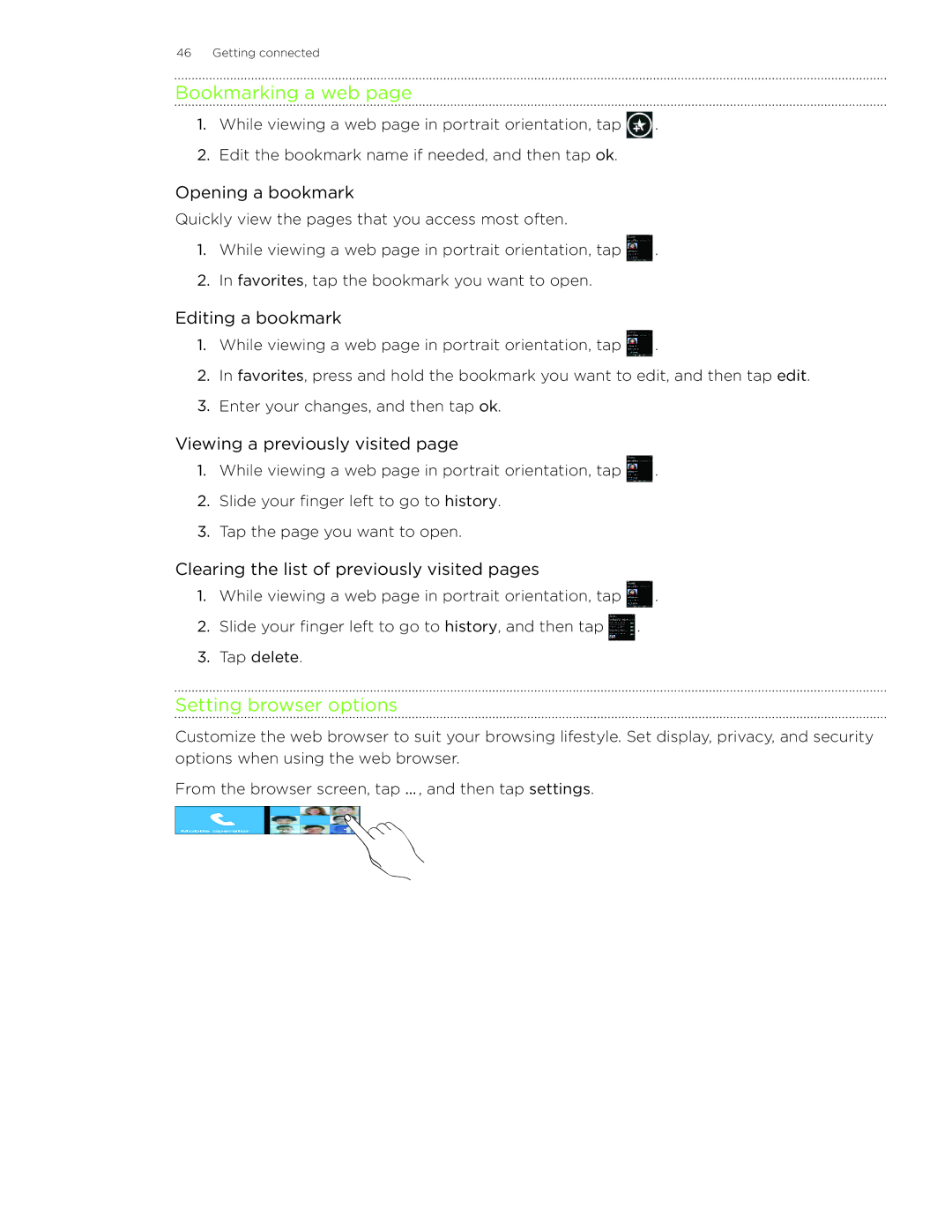 HTC HD7S manual Bookmarking a web, Setting browser options 