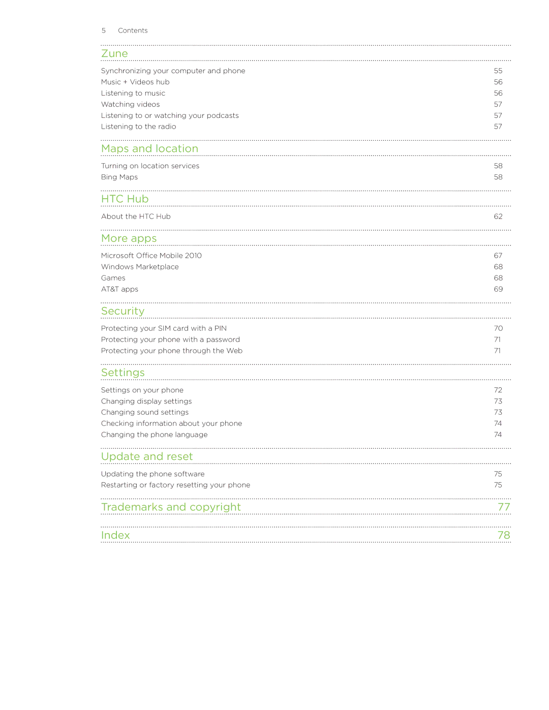 HTC HD7S Zune, Maps and location, HTC Hub, More apps, Security, Settings, Update and reset, Trademarks and copyright Index 