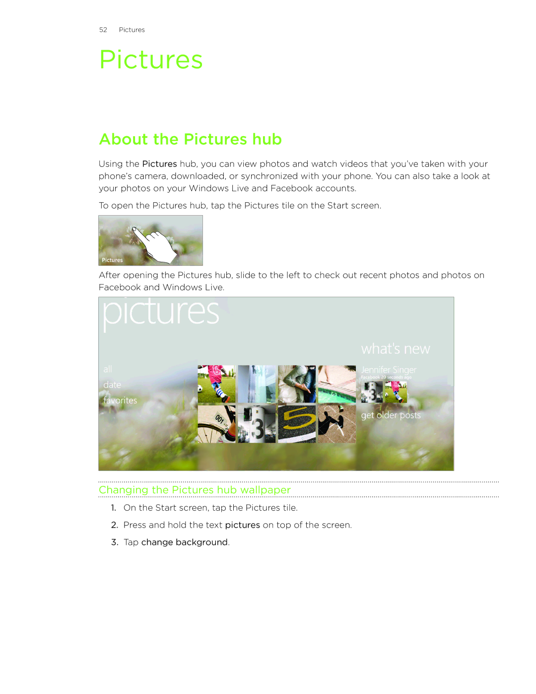 HTC HD7S manual About the Pictures hub, Changing the Pictures hub wallpaper 