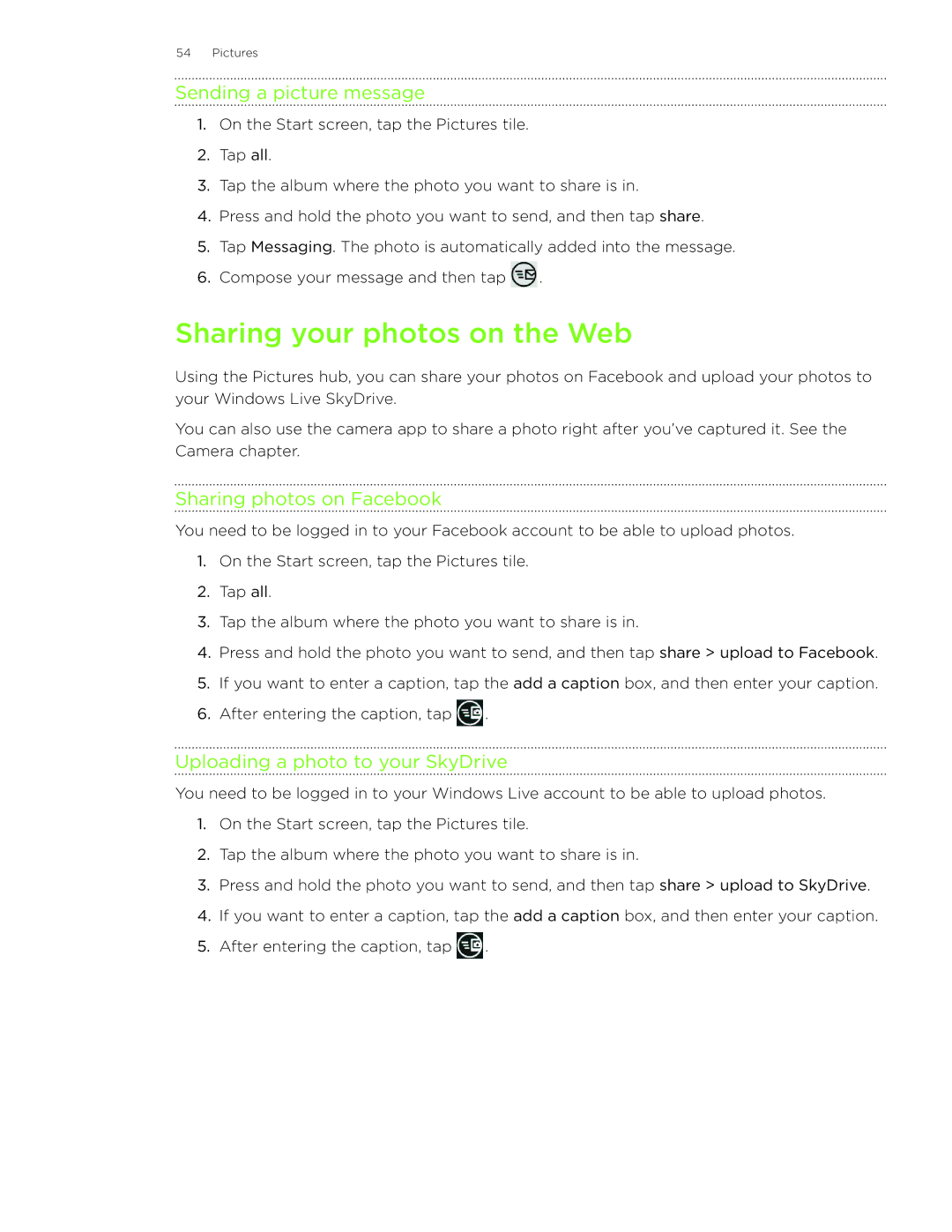 HTC HD7S manual Sharing your photos on the Web, Sending a picture message, Sharing photos on Facebook 