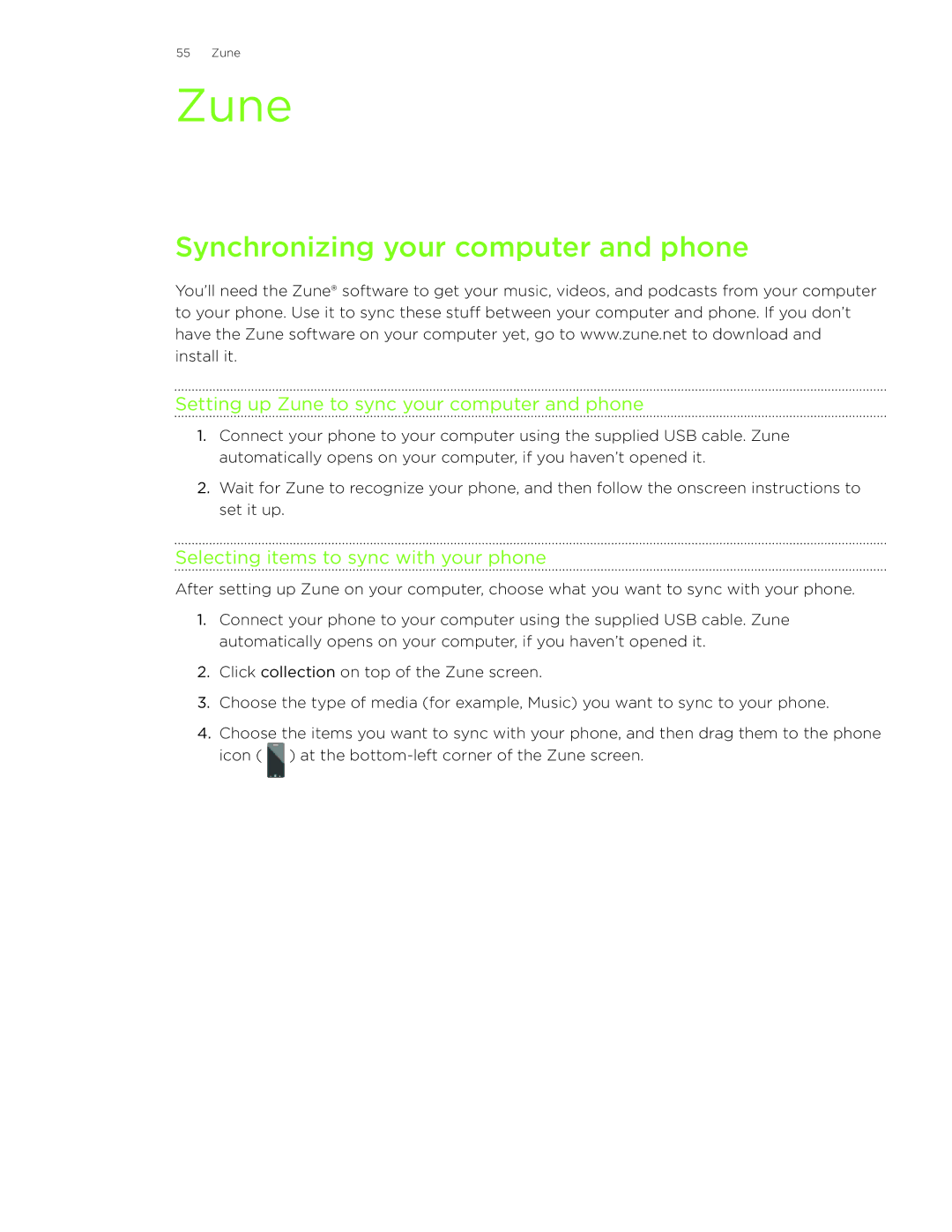 HTC HD7S manual Synchronizing your computer and phone, Setting up Zune to sync your computer and phone 