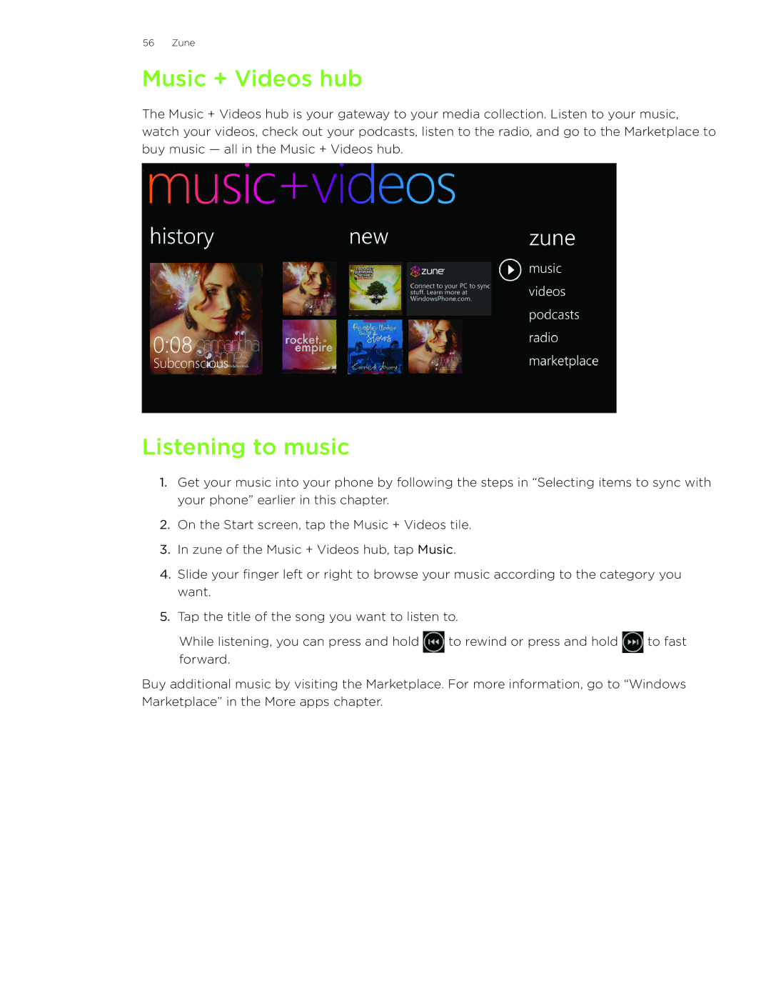 HTC HD7S manual Music + Videos hub, Listening to music 