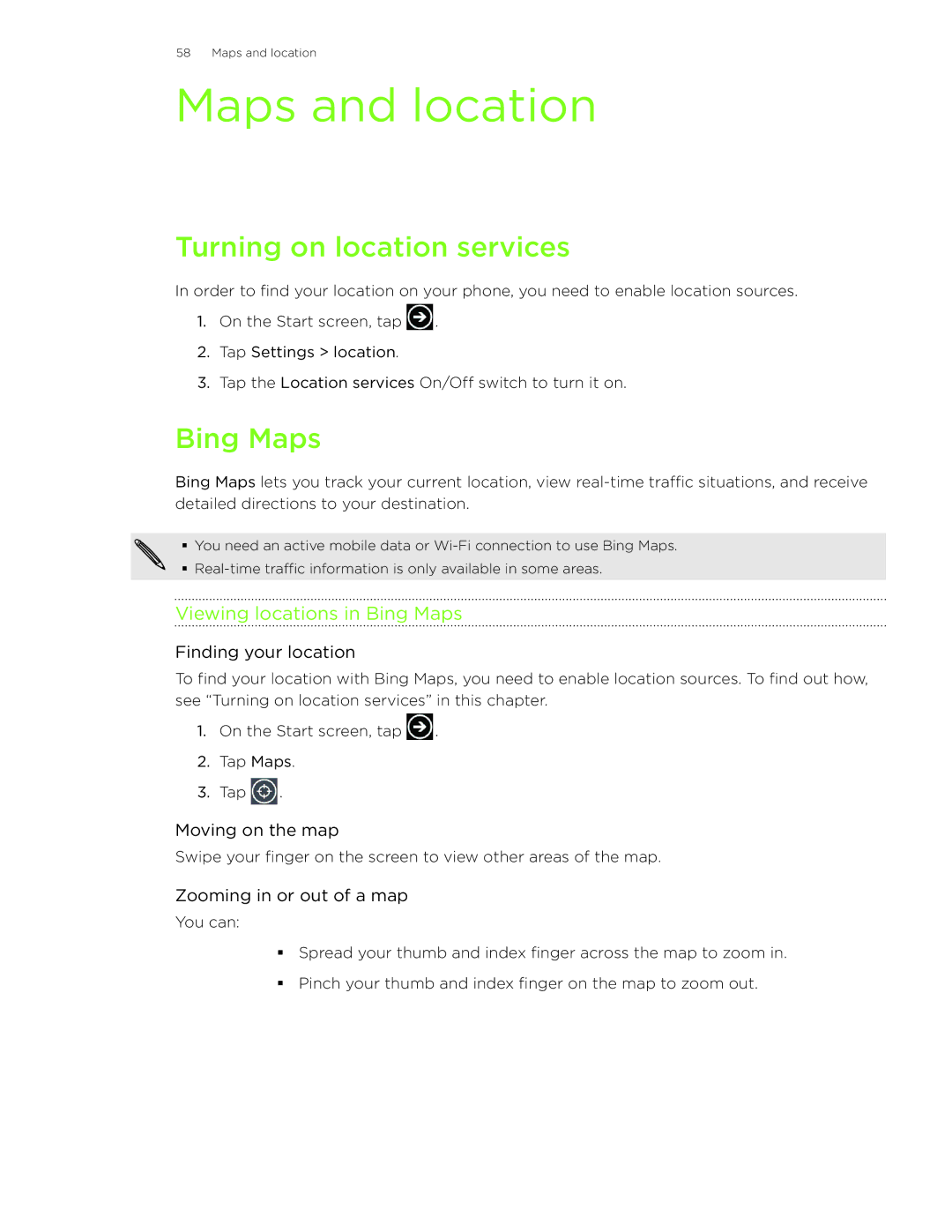 HTC HD7S manual Maps and location, Turning on location services, Viewing locations in Bing Maps 