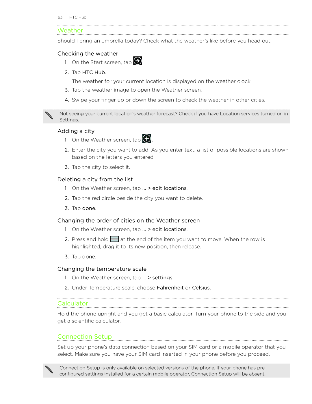 HTC HD7S manual Weather, Calculator, Connection Setup 