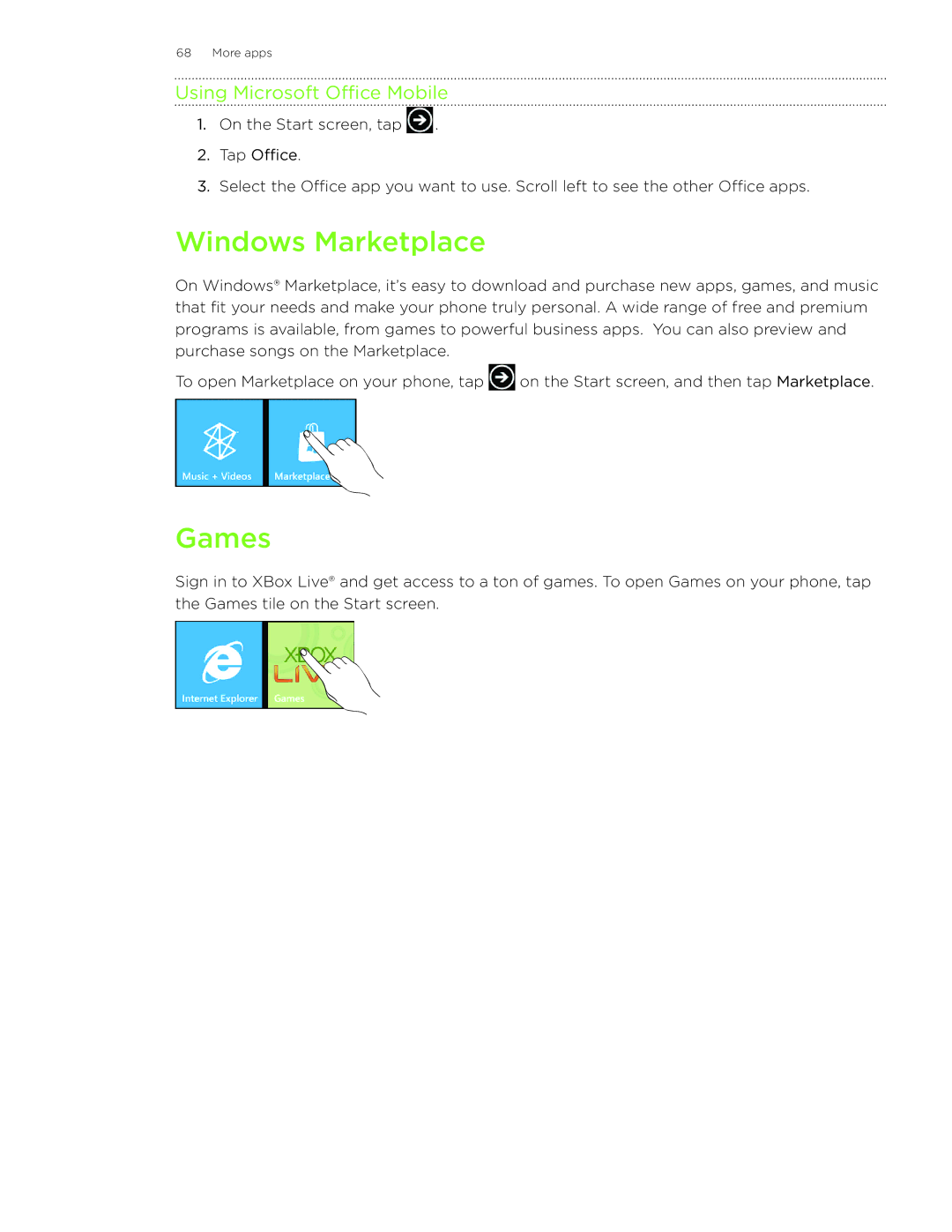 HTC HD7S manual Windows Marketplace, Games, Using Microsoft Office Mobile 