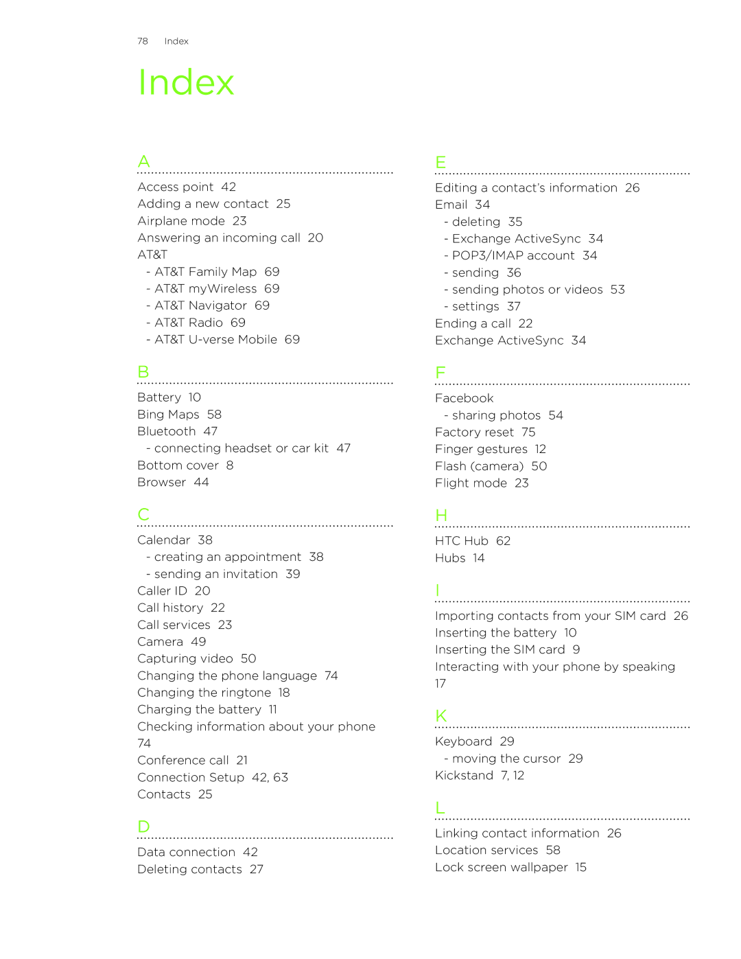 HTC HD7S manual Index 