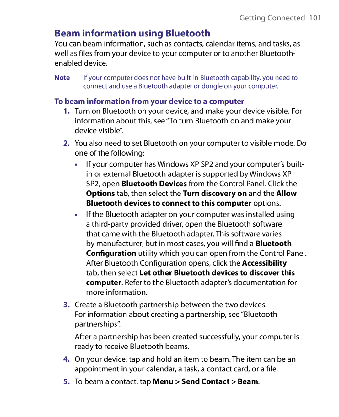 HTC HERA100 user manual Beam information using Bluetooth, To beam information from your device to a computer 