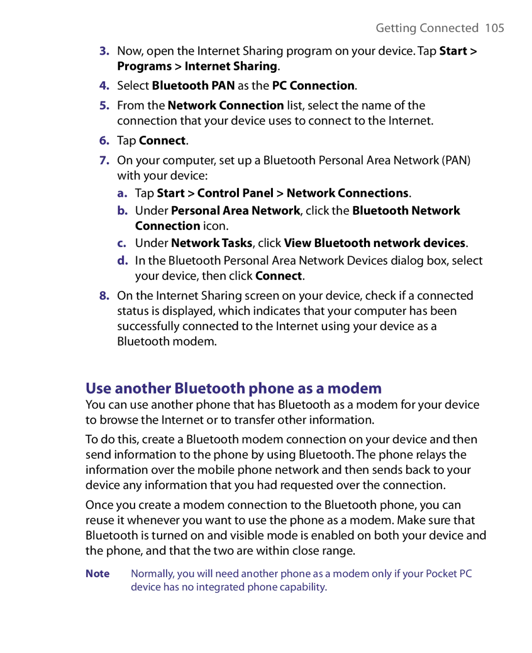 HTC HERA100 user manual Use another Bluetooth phone as a modem, Select Bluetooth PAN as the PC Connection, Tap Connect 