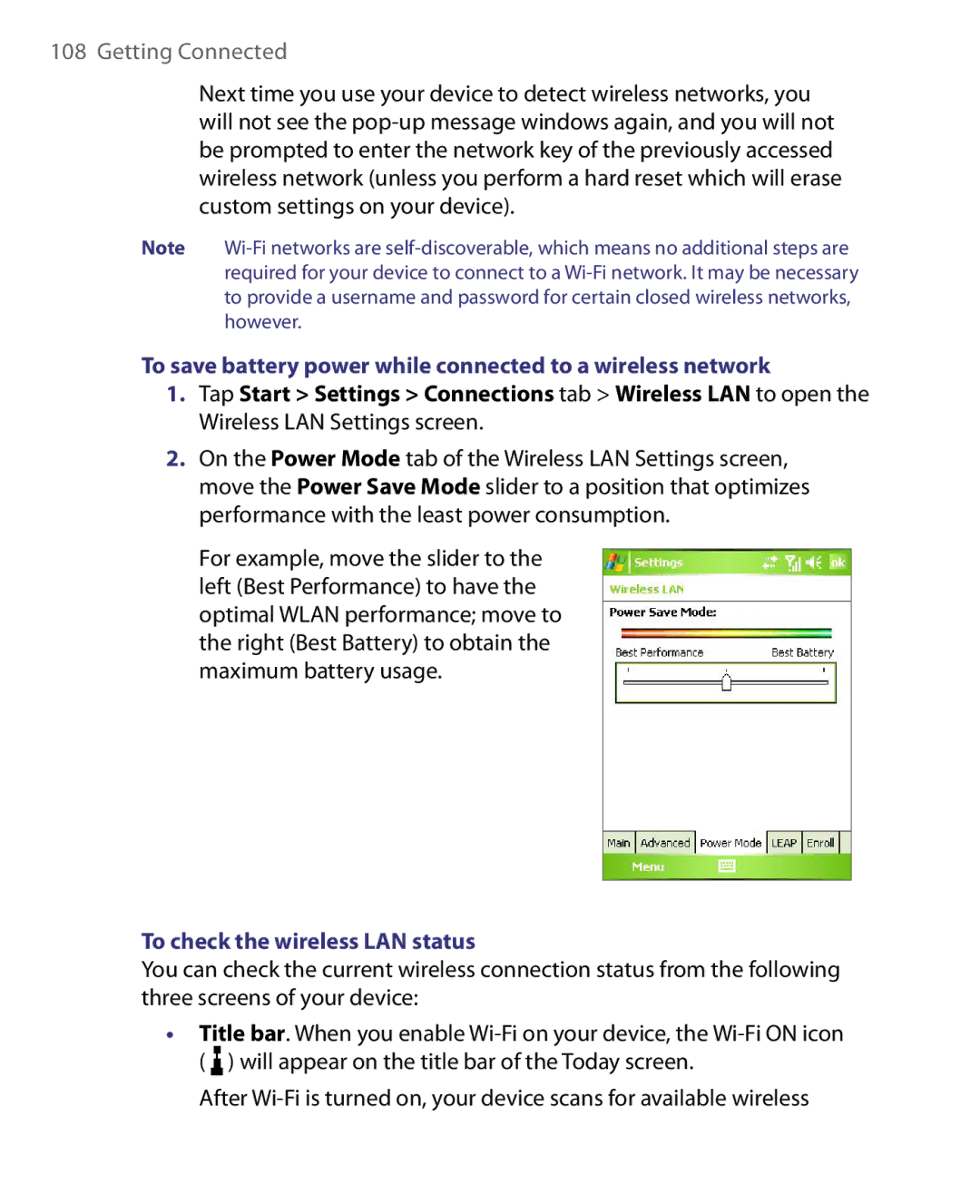 HTC HERA100 user manual To save battery power while connected to a wireless network, To check the wireless LAN status 