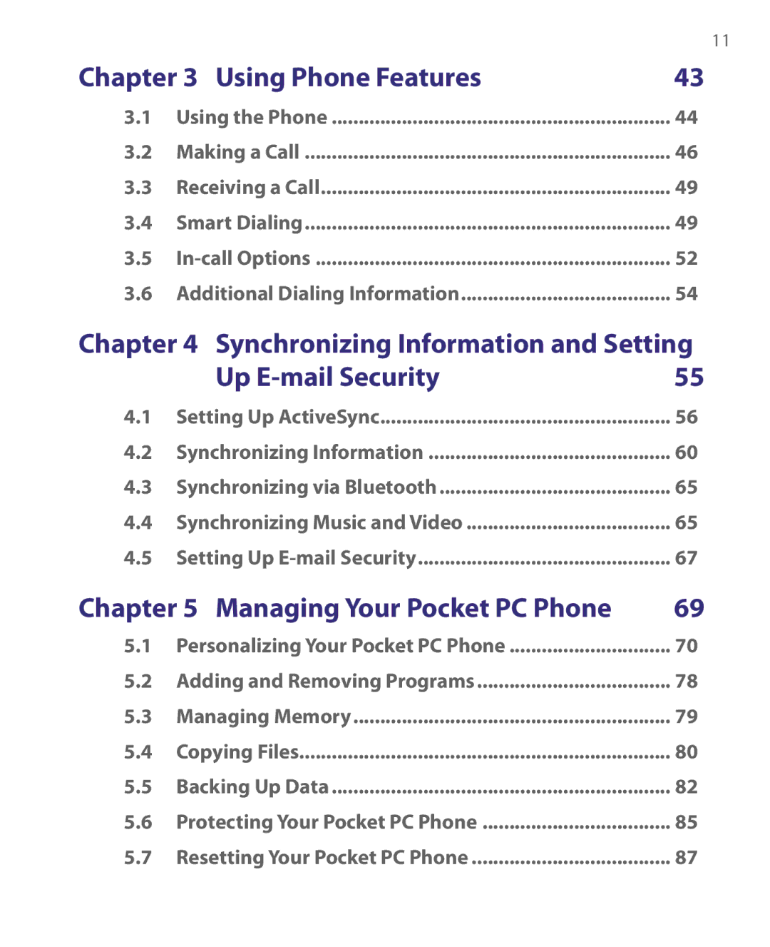 HTC HERA100 user manual Using Phone Features, Up E-mail Security, Managing Your Pocket PC Phone 