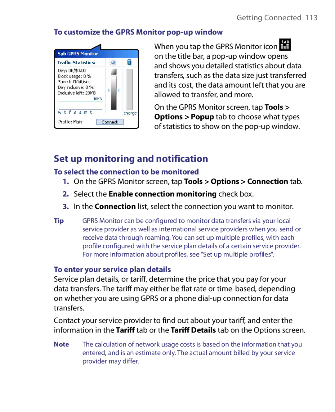 HTC HERA100 user manual Set up monitoring and notification, To customize the Gprs Monitor pop-up window 