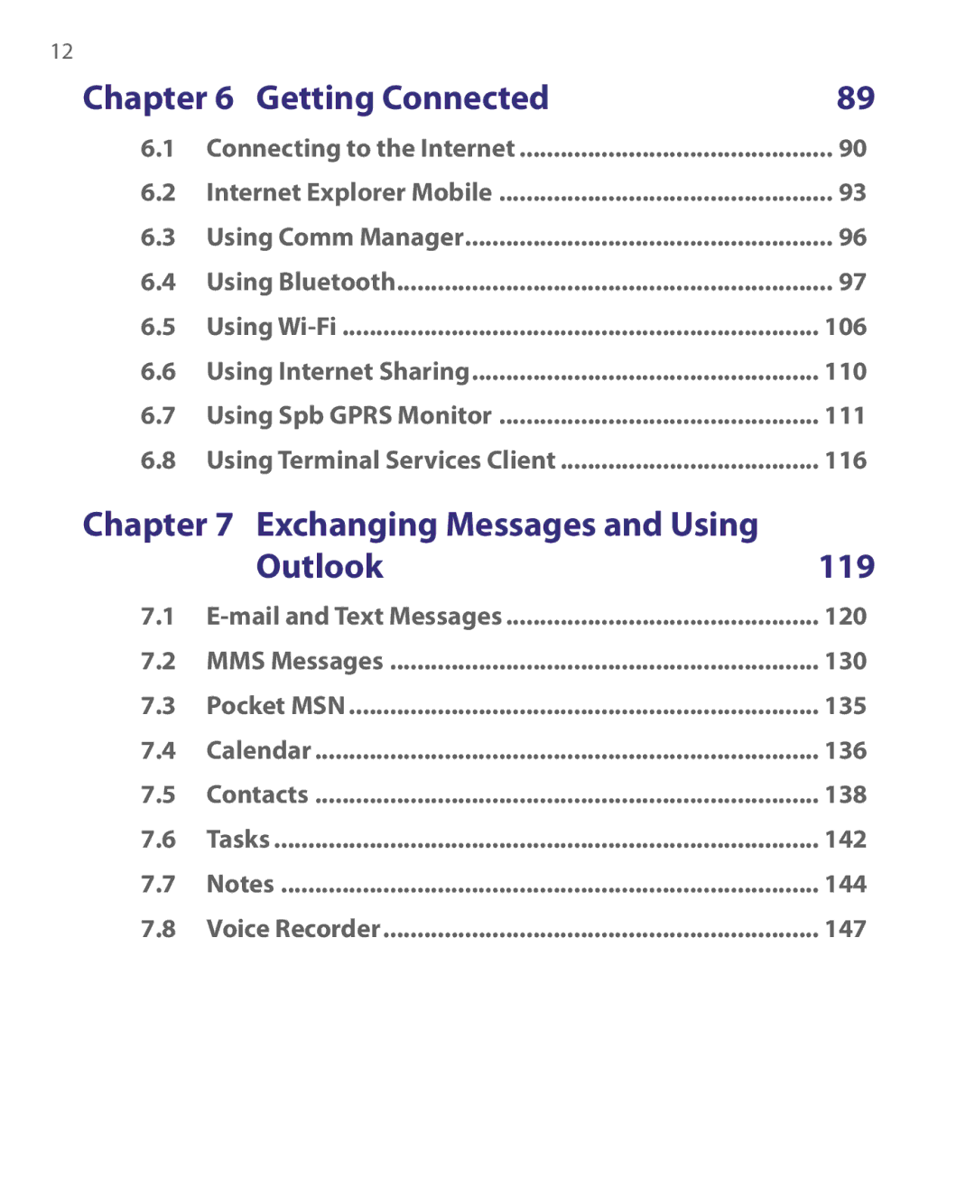 HTC HERA100 user manual Getting Connected, Exchanging Messages and Using Outlook 119 