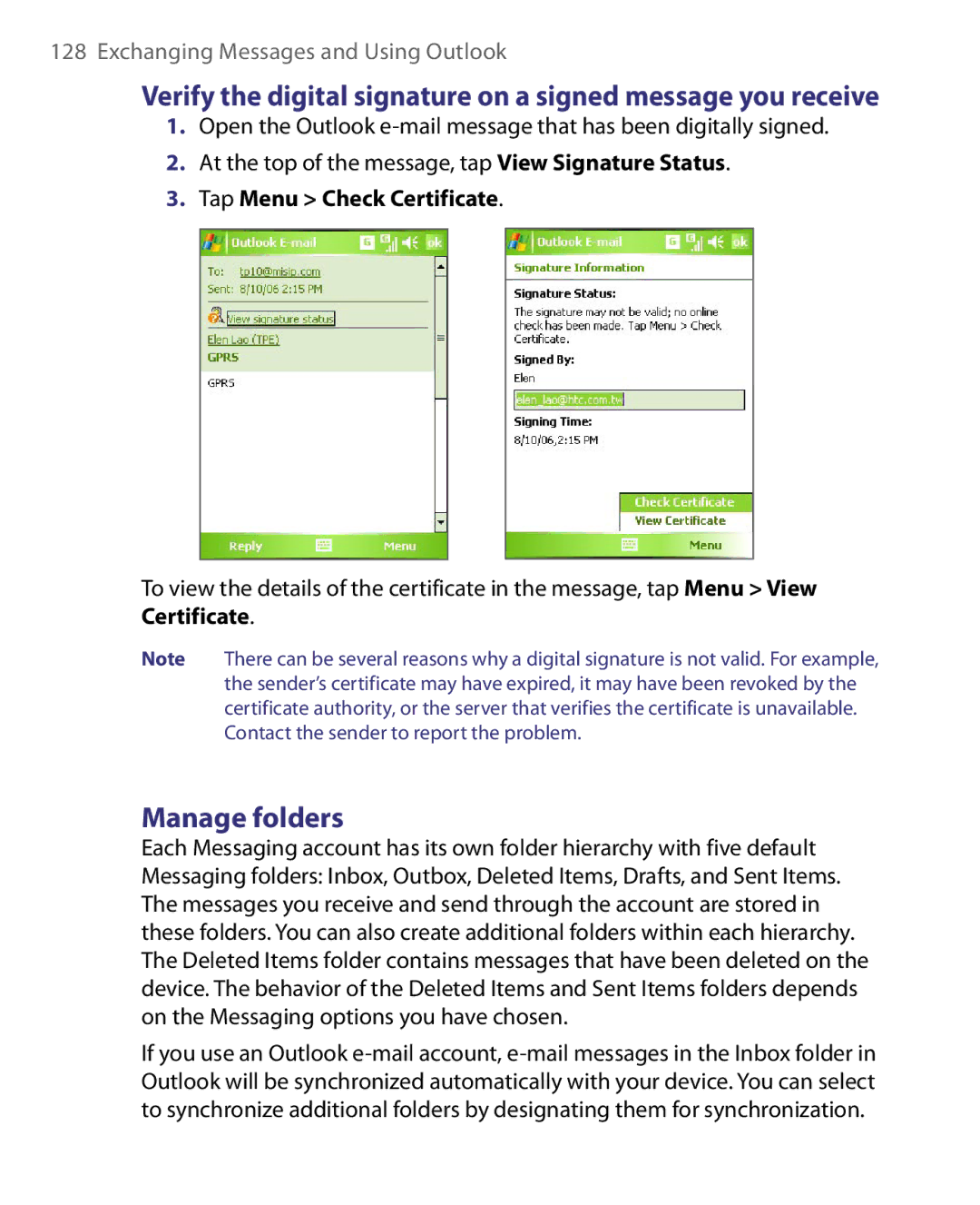 HTC HERA100 user manual Manage folders, Tap Menu Check Certificate 