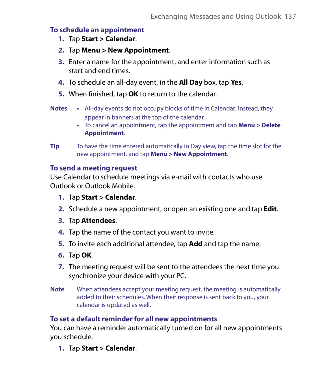 HTC HERA100 To schedule an appointment, To send a meeting request, To set a default reminder for all new appointments 