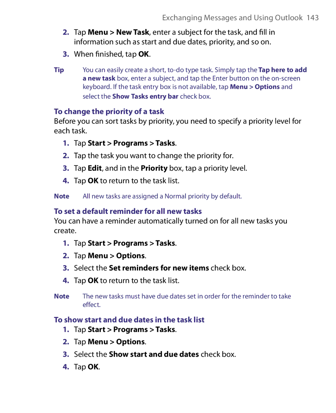 HTC HERA100 user manual To change the priority of a task, To set a default reminder for all new tasks 