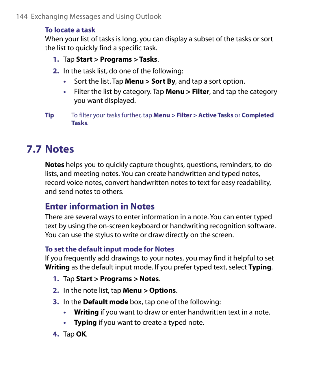 HTC HERA100 user manual Enter information in Notes, To locate a task, To set the default input mode for Notes 