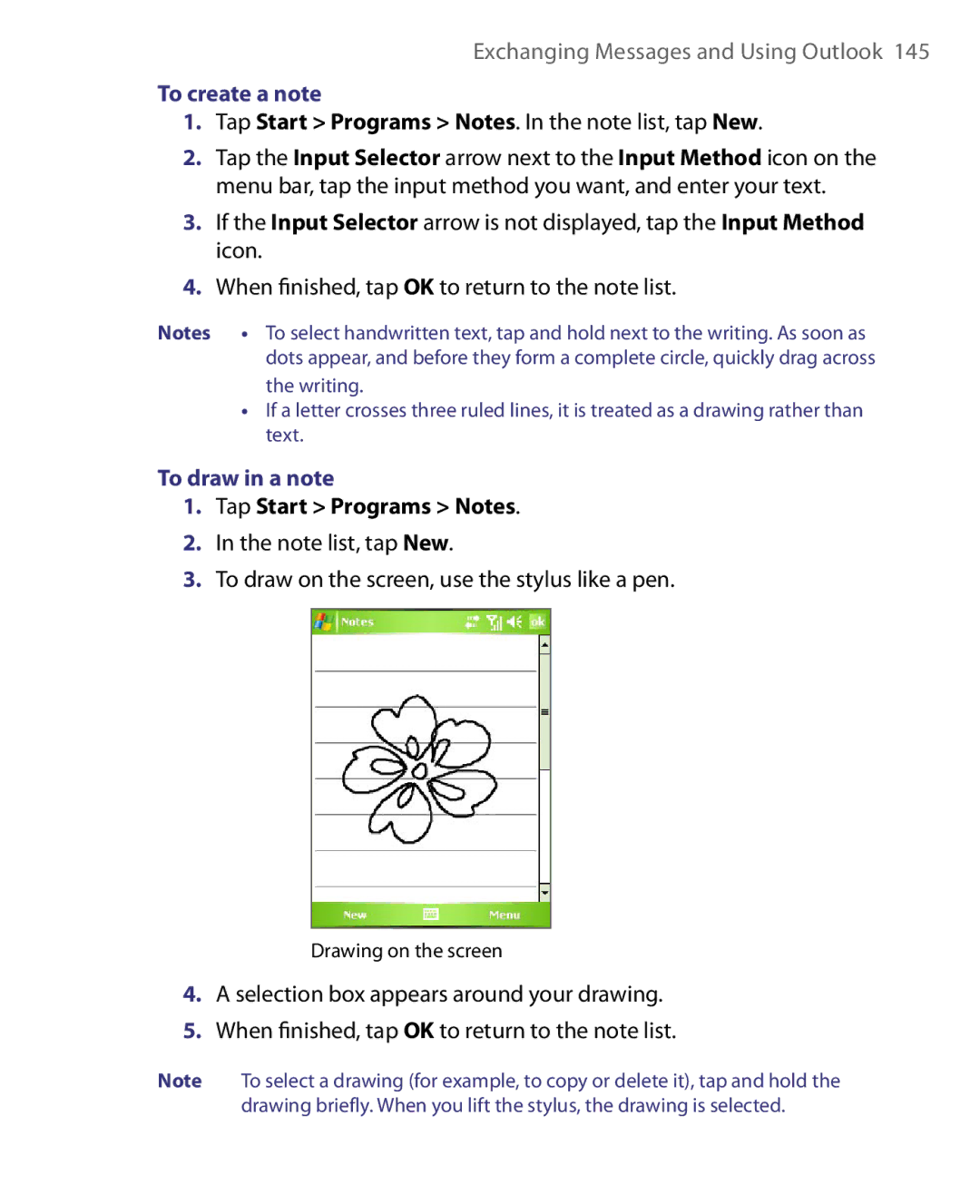 HTC HERA100 user manual To create a note, To draw in a note 