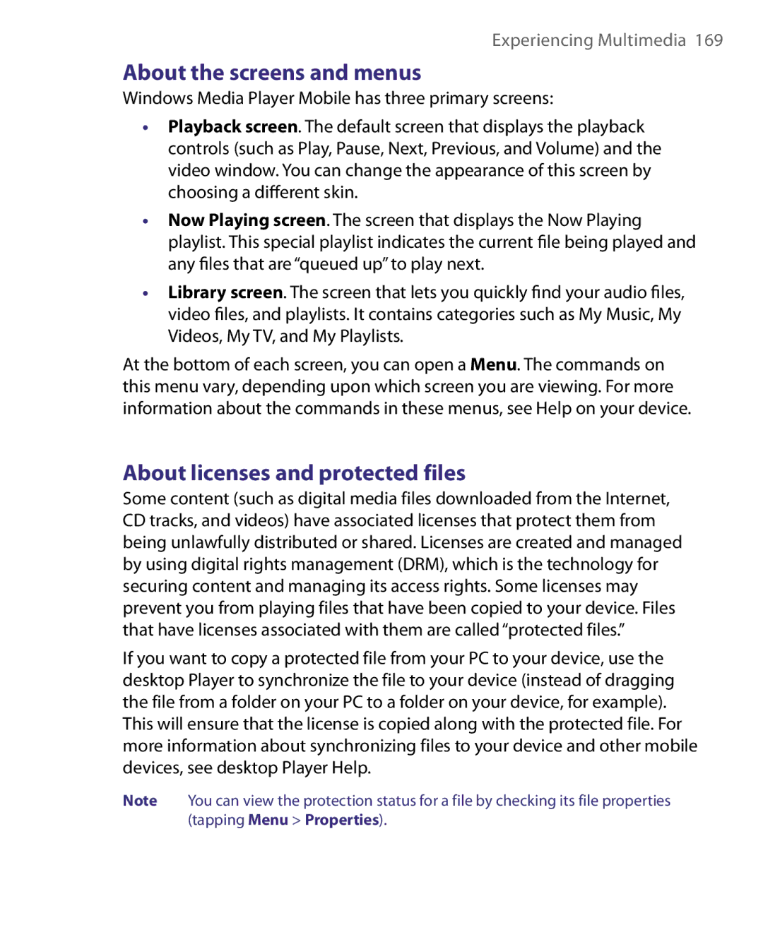 HTC HERA100 user manual About the screens and menus, About licenses and protected files 