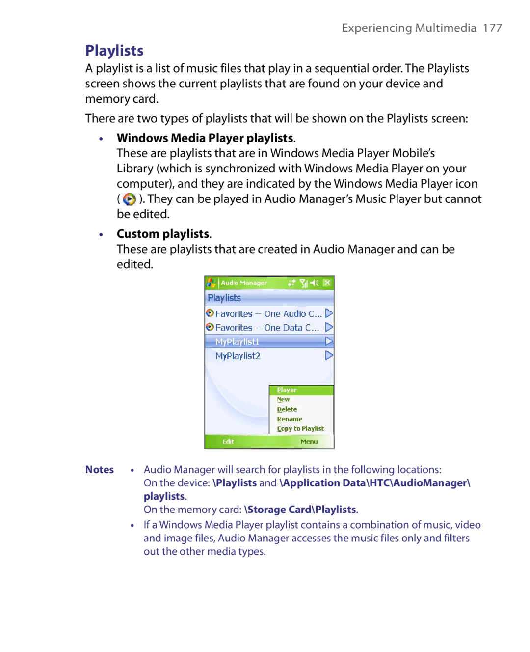HTC HERA100 user manual Playlists, Windows Media Player playlists, Custom playlists 