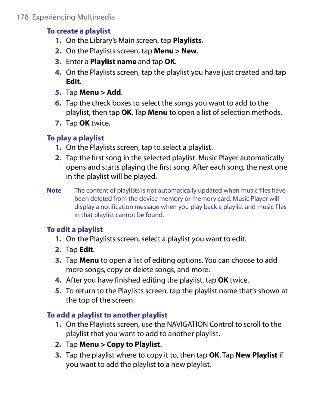 HTC HERA100 user manual To create a playlist, To play a playlist, To edit a playlist, To add a playlist to another playlist 