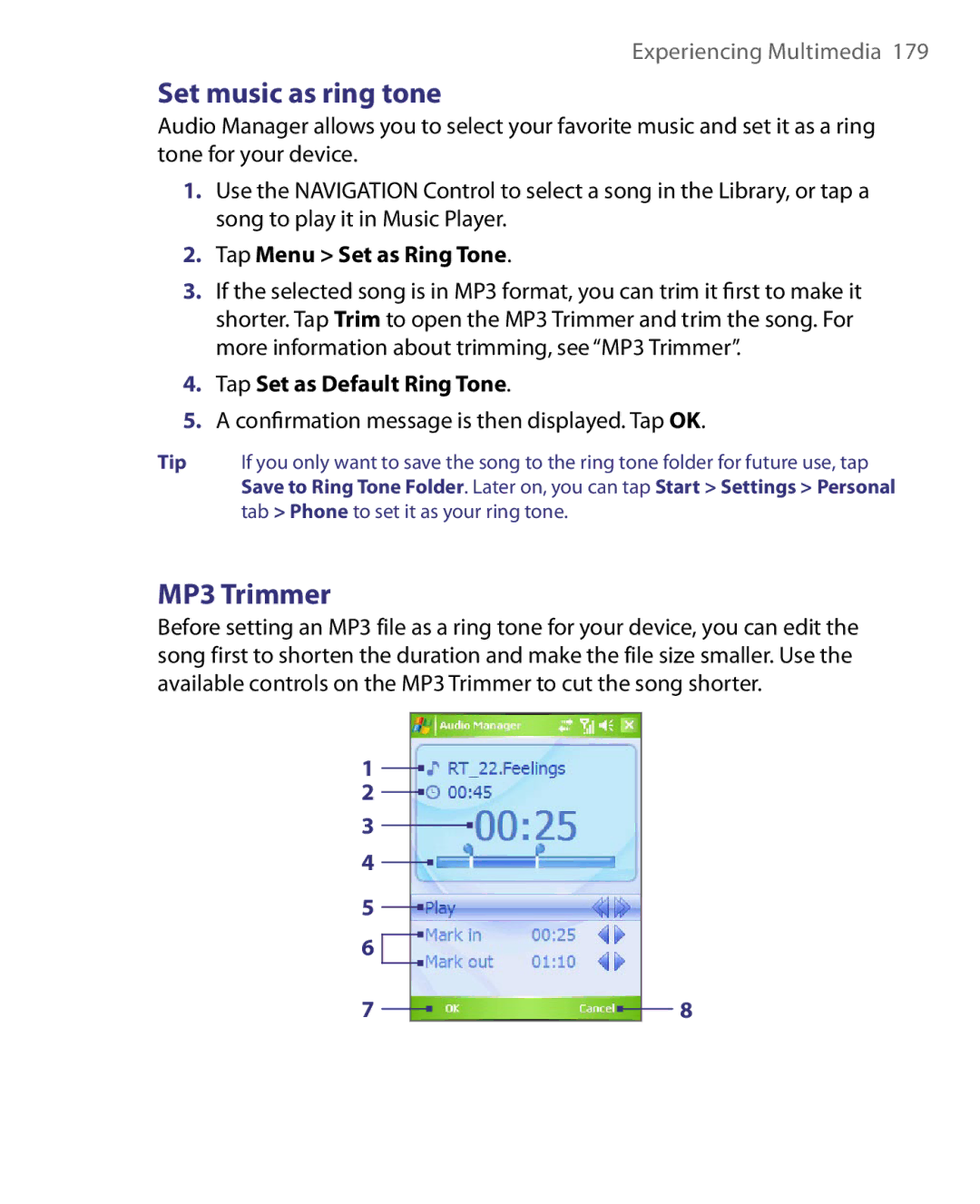 HTC HERA100 user manual Set music as ring tone, MP3 Trimmer, Tap Menu Set as Ring Tone, Tap Set as Default Ring Tone 