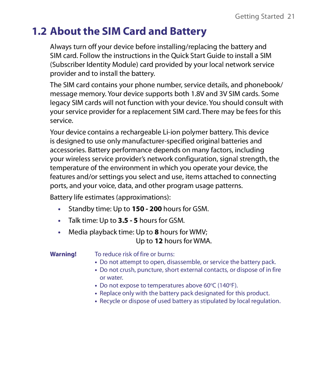 HTC HERA100 user manual About the SIM Card and Battery 