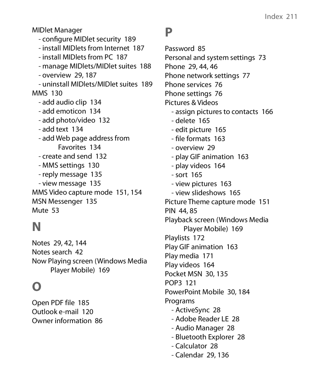 HTC HERA100 user manual Index 