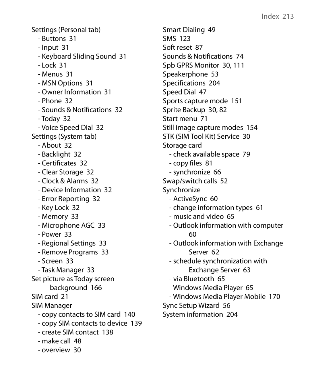 HTC HERA100 user manual Index 