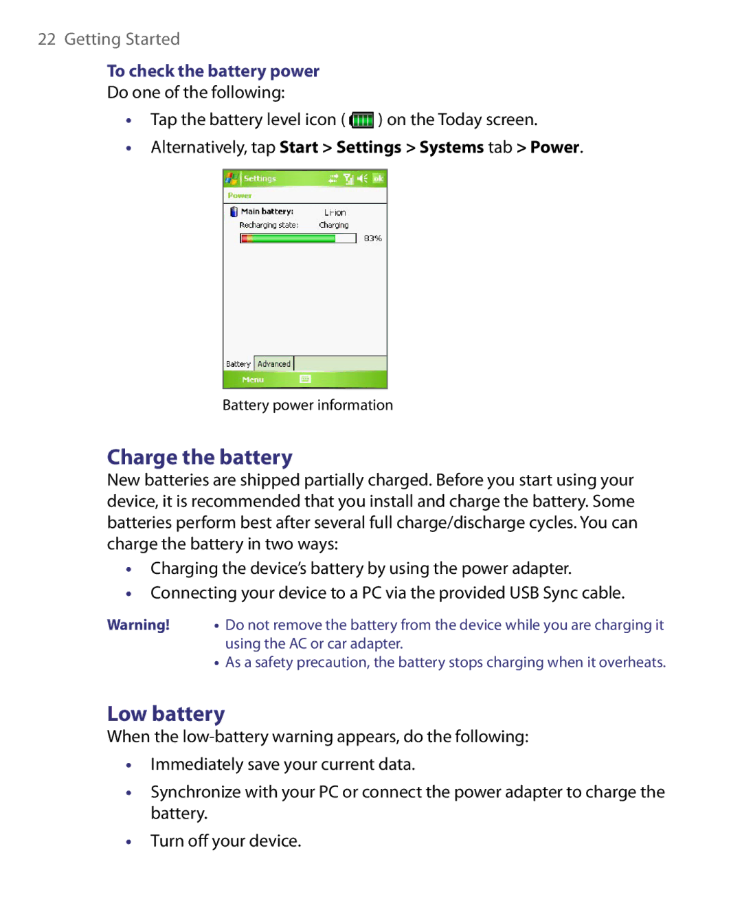 HTC HERA100 user manual Charge the battery, Low battery, To check the battery power 