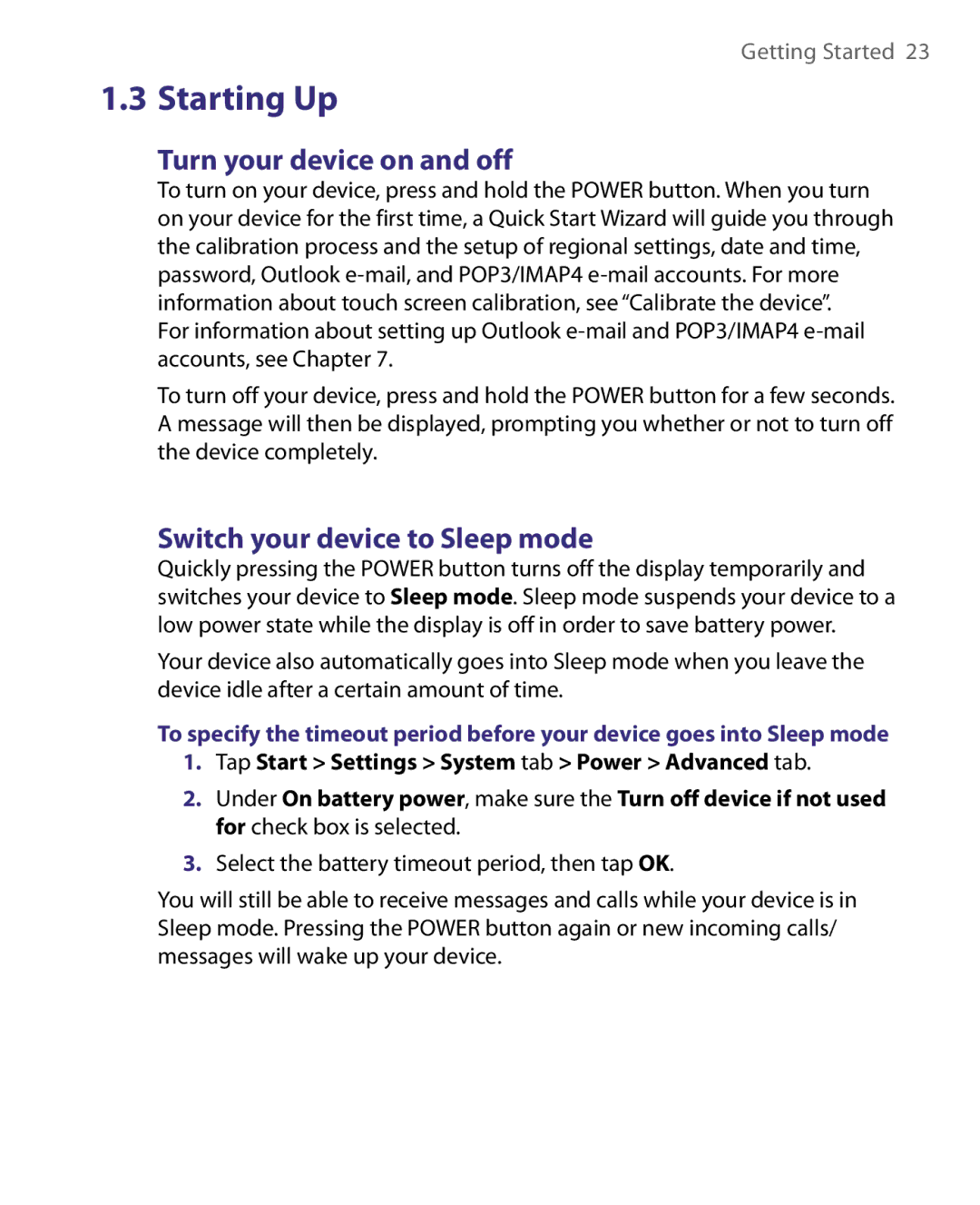 HTC HERA100 user manual Starting Up, Turn your device on and off, Switch your device to Sleep mode 