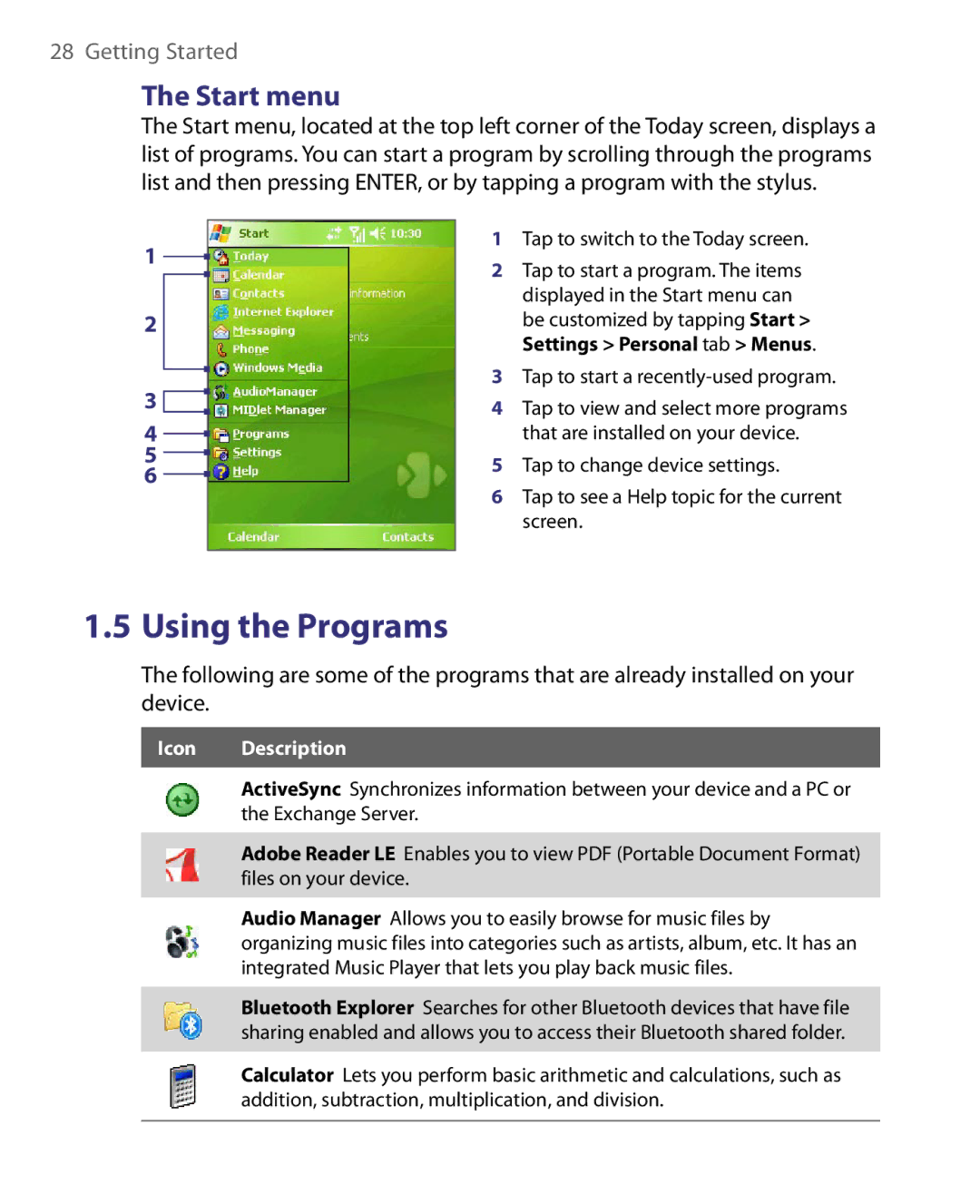 HTC HERA100 user manual Using the Programs, Start menu 