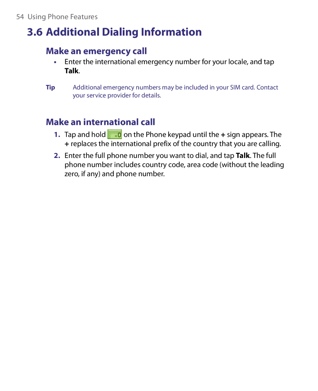 HTC HERA100 user manual Make an emergency call, Make an international call 