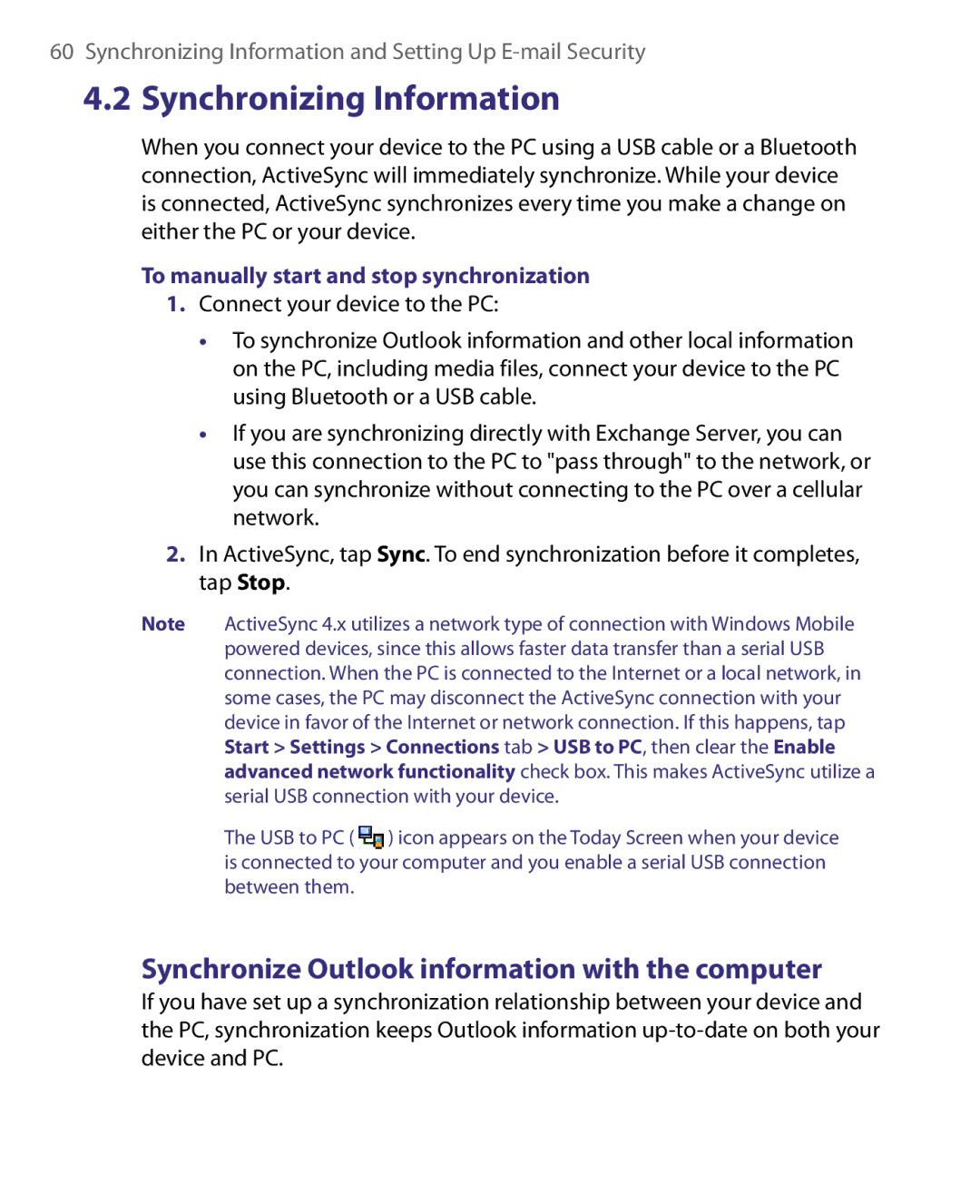 HTC HERA100 user manual Synchronize Outlook information with the computer, To manually start and stop synchronization 