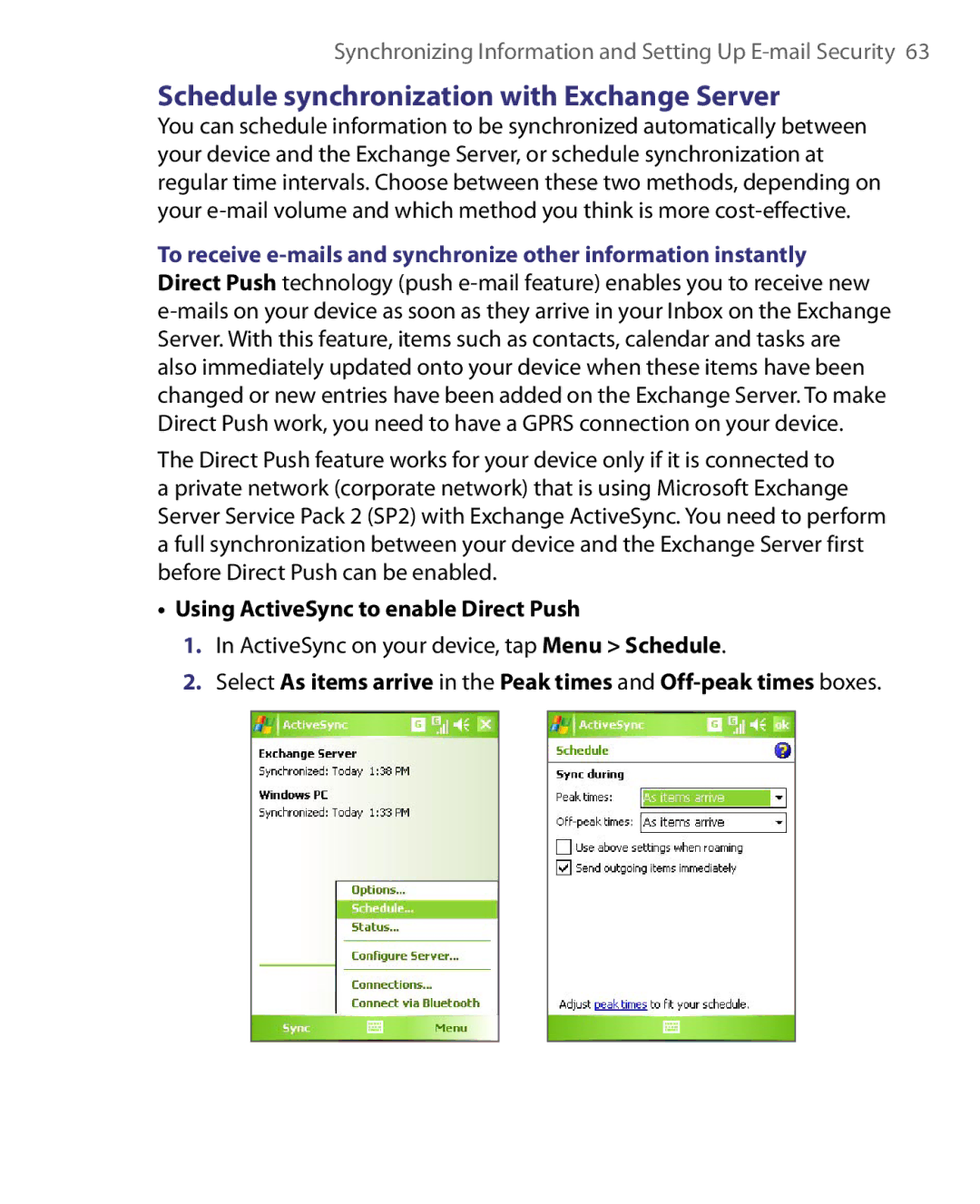 HTC HERA100 user manual Schedule synchronization with Exchange Server, Using ActiveSync to enable Direct Push 