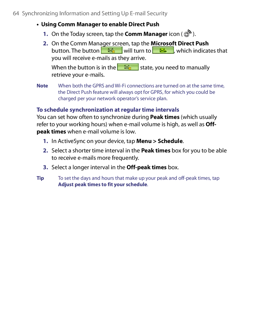 HTC HERA100 user manual Using Comm Manager to enable Direct Push, To schedule synchronization at regular time intervals 