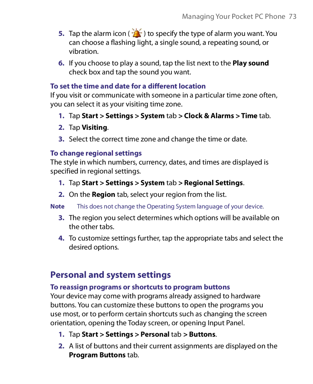 HTC HERA100 Personal and system settings, To set the time and date for a different location, To change regional settings 