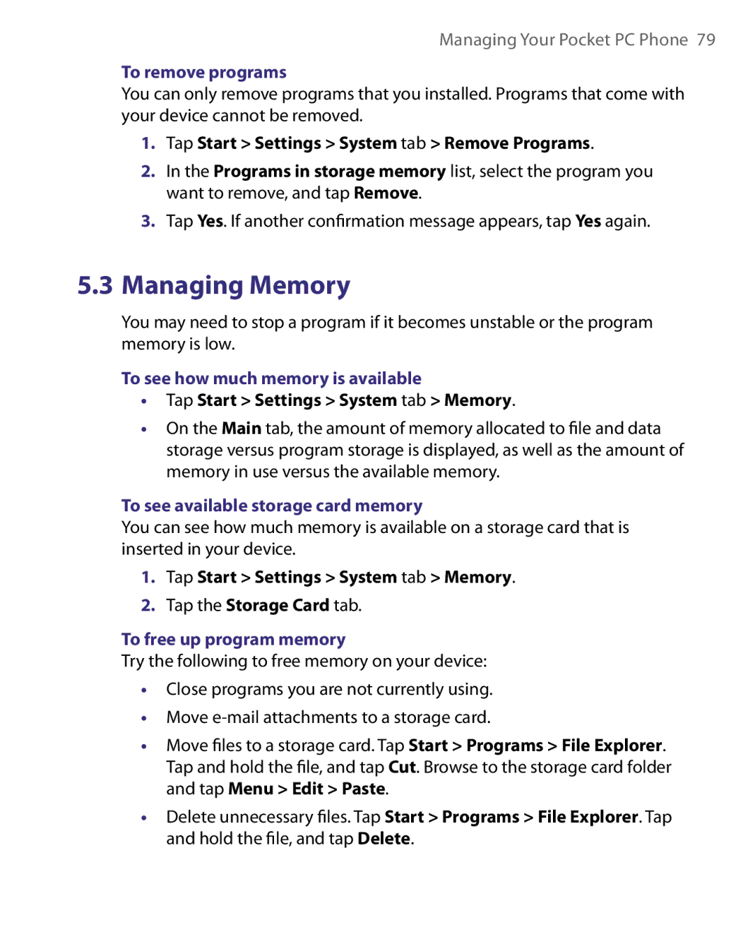 HTC HERA100 user manual To remove programs, To see how much memory is available, Tap Start Settings System tab Memory 