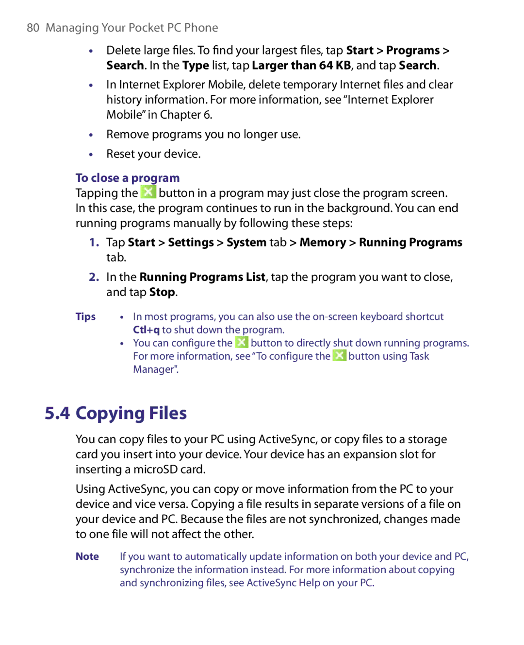 HTC HERA100 user manual To close a program, Tap Start Settings System tab Memory Running Programs tab 