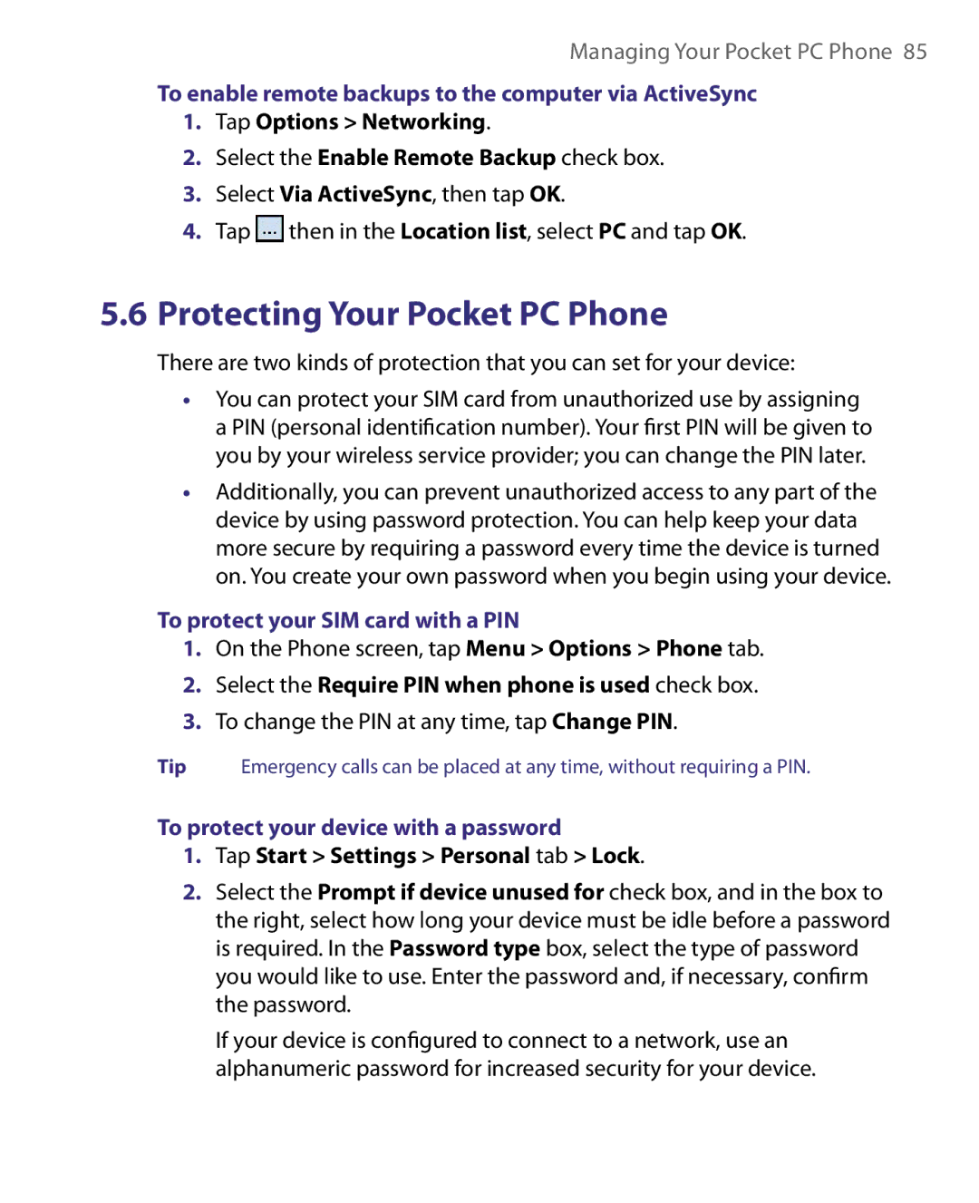 HTC HERA100 user manual To enable remote backups to the computer via ActiveSync, To protect your SIM card with a PIN 