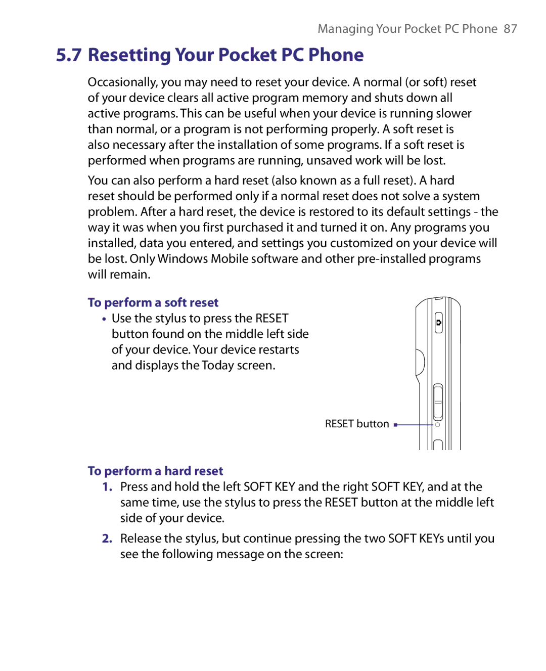 HTC HERA100 user manual To perform a soft reset, To perform a hard reset 