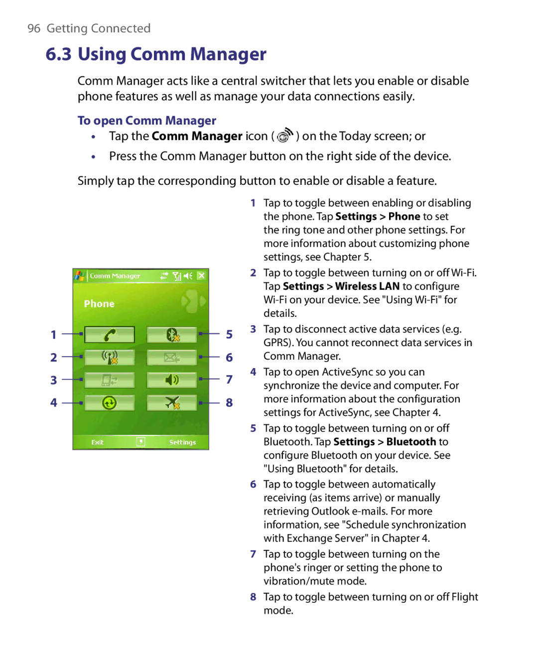 HTC HERA100 user manual To open Comm Manager, Comm Manager Tap to open ActiveSync so you can 