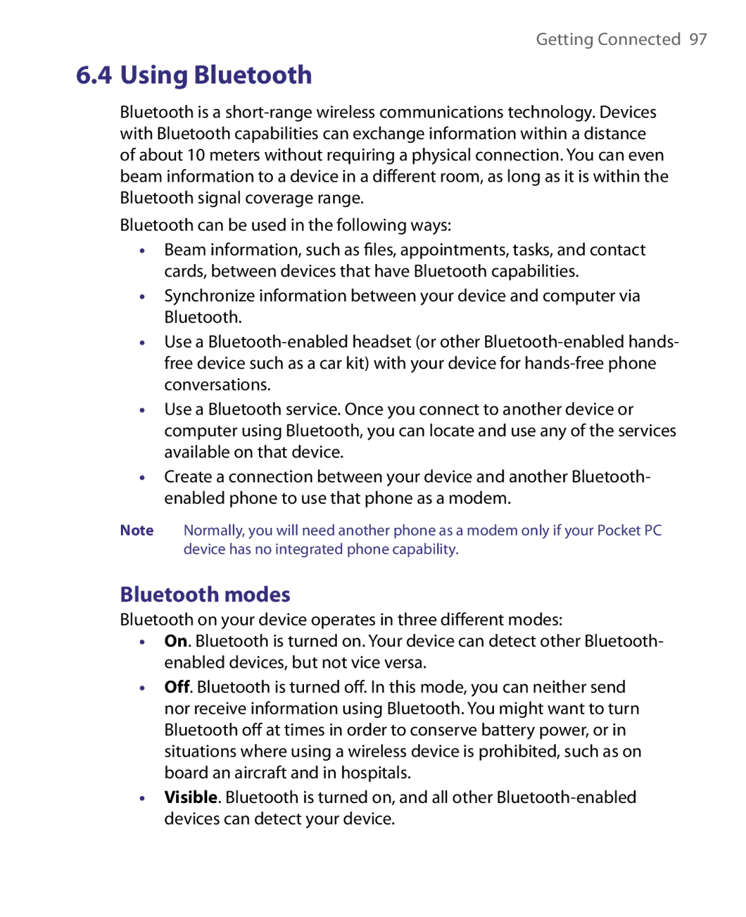 HTC HERA100 user manual Using Bluetooth, Bluetooth modes 