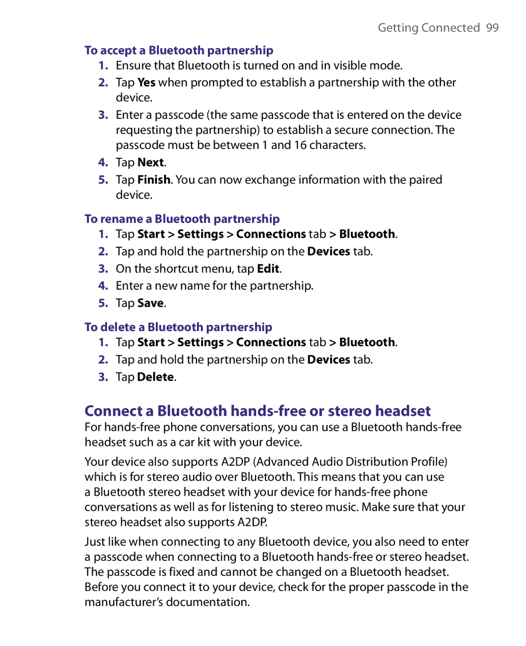 HTC HERA100 user manual Connect a Bluetooth hands-free or stereo headset, To accept a Bluetooth partnership 