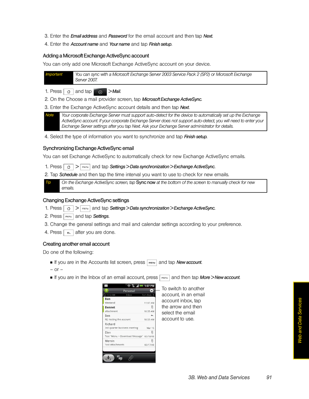 HTC Hero manual Adding a Microsoft Exchange ActiveSync account, Synchronizing Exchange ActiveSync email 