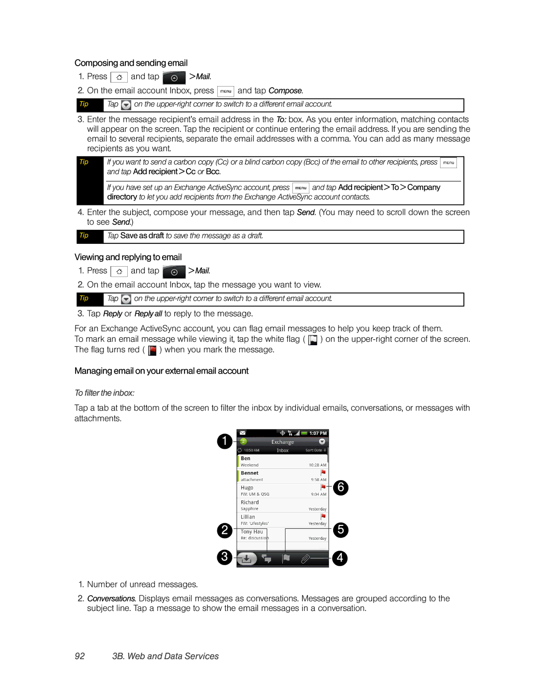 HTC Hero manual Composing and sending email, Viewing and replying to email, Managing email on your external email account 