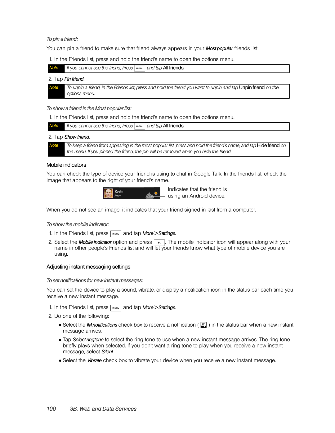 HTC Hero manual Mobile indicators, Adjusting instant messaging settings, 100 3B. Web and Data Services 